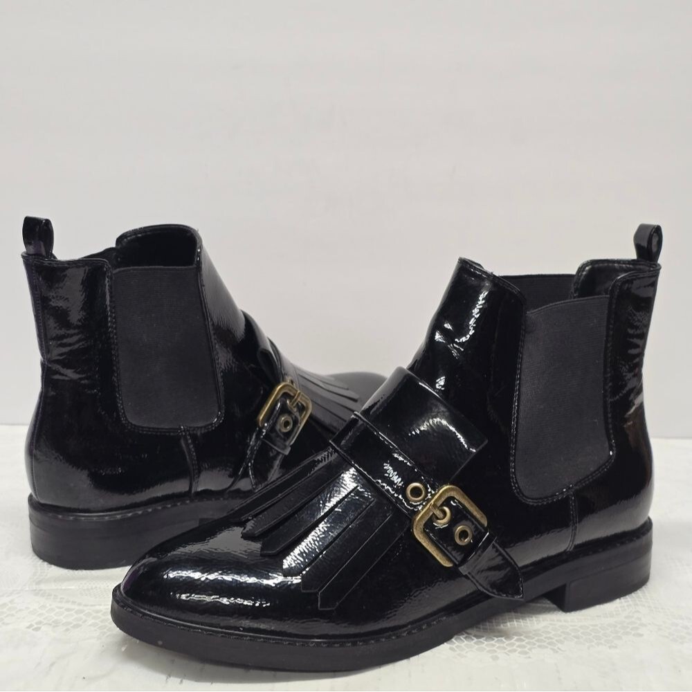 Marc Fisher Brigita Kiltie Buckle Booties In Black Patent Faux Leather Size 9.5